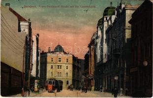 1917 Sarajevo, Franz Ferdinand Straße mit der Landesbank / street view, tram, bank / Ferenc Ferdinánd utca, bank, villamos + "K.U.K. MILIT. POST SARAJEVO" (EK)