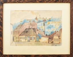 Olvashatatlan jelzéssel: Tabáni részlet, Mély Pince Vendéglővel, 1924. Akvarell, papír. Üvegezett fa...