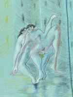 Nagy Lajos (1956-): Erotikus jelenet, 1985. Vegyes technika, karton, jelezve jobbra lent. 67x50 cm