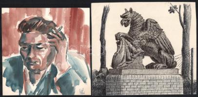 Ujváry Lajos (1925-2006), 5 db mű: Portrék és griff. Vegyes technika, papír, jelzett. 9x8 és 19x15,5...