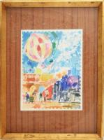 Vadász jelzéssel: Hőlégballon. Akvarell, papír. Üvegezett fakeretben. 31x24 cm