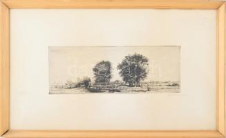 Boldizsár István (1897-1984): Táj alakkal. Rézkarc, papír, jelezve jobbra lent, üvegezett fakeretben...