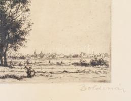 Boldizsár István (1897-1984): Táj alakkal. Rézkarc, papír, jelezve jobbra lent, üvegezett fakeretben...