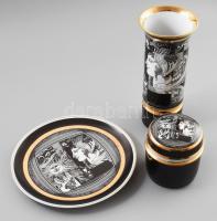 3 darab Szász Endre által tervezett Hollóházi porcelán: dísztál, váza, bonbonier. Kis kopással, d: 20 cm, m: 9-20 cm