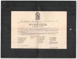 1926 Nyírő Géza kir. ítélőtáblai tanácselnök, Dr. Nyírő Gyula (1895-1966) orvos, elme-ideggyógyász, egyetemi tanár apjának halotti értesítője, kisebb lapszéli szakadásokkal