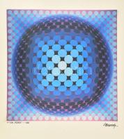 Vasarely Victor (1908-1997): Remek. Ofszet nyomat, papír. Jelzett a nyomat alatt nyomtatva. Bal alsó sarkában kisebb gyűrődéssel. Sarkaiban kartonra rögzítve, karton szélén apró szakadással. 37x37 cm