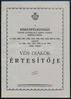 1935 Kiskunfélegyházi városi katholikus Szent László Gimnáziumban végzett vén diákok értesítője