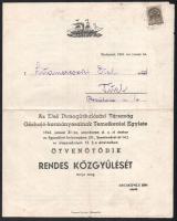 1942 Az Első Dunagőzhajózási Társaság (DDSG) Gőzhajó-kormányosainak Temetkezési Egylete közgyűlésének meghívója, benne a tagok névjegyzéke, mérleg-számla az 1941. évről, stb., levélként feladva, 2 sztl. lev.