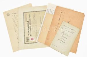 cca 1860-1942 Vegyes iratok, össz. 8 db, közte adóív, ház lakóinak nyilvántartása, érettségi bizonyítvány, levelek, anyakönyvi kivonatok