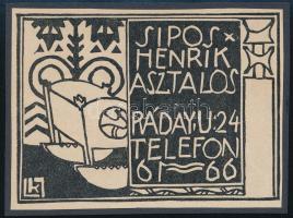cca 1910 Kozma Lajos (1884-1948): "Sipos Henrik Asztalos. Ráday u. 24. Telefon 61-66.", reklám grafika, papír, klisé, jelzett a dúcon, kartonra kasírozva, 6,5x9 cm
