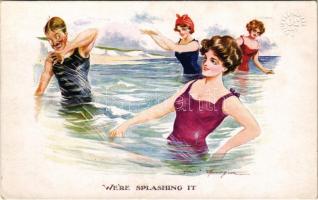 "We're splashing it" Lady art postcard, beach. "Seaside" Series No. 117. (EK)