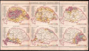 cca 1900 Vegyes térkép tétel, 3 db: Magyarország népessége hitfelekezetek szerint 1890, rajzolta Homolka József, Magyarország népessége anyanyelv szerint, rajzolta Homolka József, Magyarország népességének műveltségi foka 1890/ Magyarország népsürűsége 1890, Pallas Nagy Lexikona, Bp., Posner-ny., 24×30, 23x42 cm, 24x42 cm