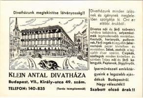 Klein Antal Divatháza reklámja. Budapest VII. Király utca 49. / Hungarian fashion store advertisement (non PC)