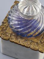 Antik íróasztali szett, bronz szerelékes márvány talapzaton spirálos tintatartó üveg, hozzá tömör br...