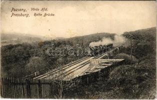 1908 Pozsony, Pressburg, Bratislava; Rothe-Brücke / Vörös híd, vasúti híd, gőzmozdony, vonat. M. L. Freistadt kiadása / railway bridge, locomotive, train (fl)