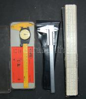 2db régi tolómérő és egy darab logarléc eredeti tokjában mind