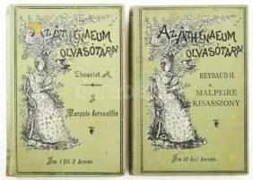 Athenaeum Olvasótára 2 kötete:  Theuriet André: A marquis keresztfia. Ford.: Leövey Gyula.;  Reybaud Henriette: Malpeire kisasszony. Franczia regény. Ford.: Újkéri. Második kiadás. Bp., 1895-1893, Athenaeum. Kiadói illusztrált egészvászon-kötések, kissé kopott, kissé foltos borítóval.  &quot;Szalay Imre könyvtárából Lellén&quot; bélyegzésekkel. Szalai Szalai Imre (1846-1902) földbirtokos, országgyűlési képviselő, vadász, borász, író.