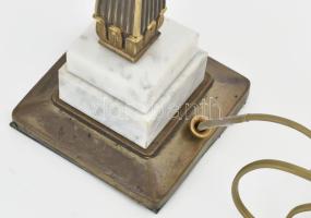 Asztali lámpa, négyszögletes formavilágú, tömör fém és márvány testtel, hibátlan tejüveg búrával, új...