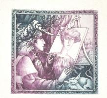 Egresi Zsuzsa (1954-): Portréfestő. Színes rézkarc, papír, a lap széle kissé foltos, 6,5×6 cm. Üvege...