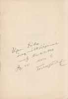 Fodor József:  Utóhang. Versek. (Dedikált.) Budapest, 1935. (Fischer Ernő ny.) [4] + 102 + [2] p. Egyetlen kiadás. Fodor József (1898-1973) költő, műfordító, újságíró verseit 1923-tól Az Est-lapok közölték, 1928-tól a Nyugat. Első kötete 1927-ben jelent meg, ez a harmadik verseskötete. Dedikált: ,,Ugron Gábor őnagyméltóságának mély tisztelettel: Fodor Ferenc Bp. 935. dec. 6.'' Prov.: Ugron Gábor. [Ugron Gábor (1880-1960) jogász, politikus, országgyűlési politikus, 1917-1918-ban belügyminiszter, a Székely Nemzeti Tanács egyik alapítója, a Székely Hadosztály egyik irányítója, korábbi takarékpénztári felügyelőbizottsági tisztsége után 1927-től az Országos Takarékossági Bizottság elnöke, a vitorlássport szervezője, az első balatoni Kékszalag-verseny győztese (1934), a második világháború után kitelepített.] Fűzve, enyhén sérült kiadói borítóban. Körülvágatlan, jó példány.