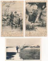 HORGÁSZAT, HALÁSZAT - 3 db RÉGI képeslap / FISHING - 3 pre-1945 postcards