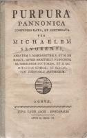 Szvorényi [Mihály], Michael:  Purpura Pannonica compendia data, et continuata per Michaelem Szvorényi. [Eger] Agria, 1811. Typis Lycei Archi-episcopails. [4] + 63 + [1] p. Egyetlen kiadás. Szvorényi Mihály (1750-1814) magyar egyházjogász latin nyelvű munkája az esztergomi bíborosi szék betöltőinek rövid életrajzait adja közre a középkori kezdetektől a XIX. század elejéig. Példányunk levelein enyhe foltosság. Enyhén foltos korabeli papírkötésben, az első fedőborítón katalógusszámmal.