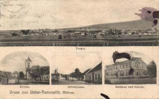 Dolní Dunajovice, Unter-Tannowitz; Kirche, Ortsstrasse, Rathaus und Schule / church, street, town hall and school