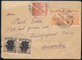 1920 Levél az Egyesült Államokba 11 db bélyeggel, közte Búzakalász / Cover with 11 stamps to the USA MISKOLCZ