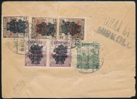 1920 Levél az Egyesült Államokba 11 db bélyeggel, közte Búzakalász / Cover with 11 stamps to the USA...