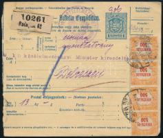 1923 Csomagszállító 7 db Hivatalos bélyeggel, közte hármaslyukasztásúak, Budapestről Debrecenbe / Parcel card with 7 Official stamps