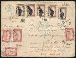 1920 Pénzes levél 14 db bélyeggel, 32K bérmentesítéssel Miskolcra (1 bélyeg sérült) / Insured cover with 14 stamps (1 stamp damaged) TISZAUG