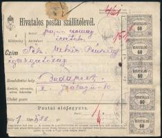 1921 Hivatalos postai szállítólevél 27 db Hivatalos bélyeggel, közte hármaslyukasztások (2 bélyeg sérült) / Parcel card with 27 Official stamps (2 stamps are damaged)