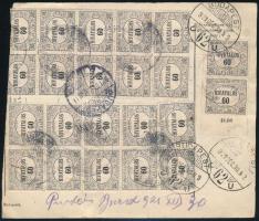 1921 Hivatalos postai szállítólevél 27 db Hivatalos bélyeggel, közte hármaslyukasztások (2 bélyeg sé...