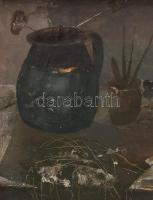Fejér Csaba (1936-2002): Csendélet ecsetekkel. Olaj, farost, jelezve balra lent. 35x68 cm Üvegezett ...