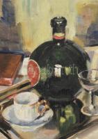 Felekiné Gáspár Anni (1902-1992): Csendélet Unicum üveggel, 1947. Olaj, falemez, jelezve balra lent....