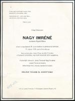 1978 Nagy Imréné szül. Égető Mária, Nagy Imre (1896-1958) politikus feleségének halálozási értesítője, középen hajtásnyommal, 21x16 cm