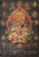 Thangka, Jambhala ábrázolással. Tibet vagy Kína, XX. sz. első fele, nyomat, vászon. 89x58 cm, korának megfelelő állapotban, hátulján kopott, foltos, feltekerve.