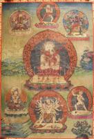 Thangka, Heruka és Vajrayogini ábrázolással. Tibet vagy Kína, XX. sz. első fele, nyomat, vászon. 89x63 cm, korának megfelelő állapotban, hátulján kopott, foltos, papírszegéllyel megerősítve, feltekerve.