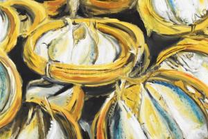 Gömböcz Róbert: Halak kosárban. Olaj, farost, jelezve jobbra lent. Hátoldalán autográf felirattal. K...