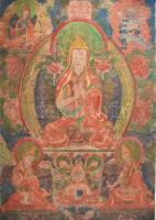Thangka, Gedun Gyaco ábrázolással. Tibet vagy Kína, XX. sz. első fele, nyomat, vászon. 89x67 cm, korának megfelelő állapotban, hátulján kopott, foltos, feltekerve.