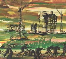 Jelzés nélkül: Szürreális építkezés. Olaj, karton. 37,5x60,5 cm