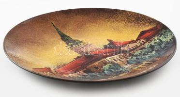 Szabadka. Zománcozott fém dísztál, kopással, d: 31 cm