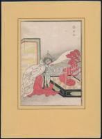 Japán művész, ismeretlen jelzéssel: Sárkányszerű alak. Színezett fametszet, papír. 18x12,5 cm. Paszpartuban / japanese woodcut, in passepartout