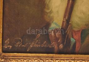 Dekoratív, kissé sérült fakeret, pipázó vászonképpel, belső méret: 31x25,3 cm