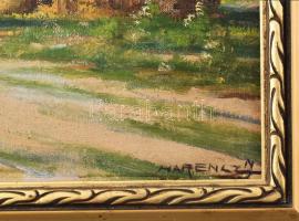 Hárencz János (1899-1969): Aratás. Olaj, vászon, kartonon, jelzett. Dekoratív fakeretben, 25,5×35,5 ...