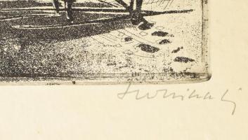 Luzsicza Lajos (1920-2005): Téli táj. Rézkarc, papír. Jelzett. Kartonra kasírozva. 20x29 cm