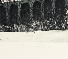 Novák Lajos (1927-1989): Zebegény. Rézkarc, papír, jelzett, 29x33 cm. Kartonra kasírozva