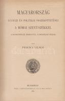 Fraknói Vilmos:  Magyarország egyházi és politikai összeköttetései a Római Szent-Székkel a konstanczi zsinattól a mohácsi vészig. Budapest, 1902. Szent-István-Társulat Tud. és Irod. Osztálya (Stephaneum ny.) IX + [1] + 489 + [1] p. Első kiadás. Fraknói Vilmos történettudós háromkötetes diplomáciatörténeti munkájának önmagában is megálló, második része a levéltári kutatásokon alapuló, mégis komoly szépírói erényeket felmutató pozitivista történetírás szép példája. A dolgozat a késő középkori Magyarország (1418-1526) politikai és egyházi kapcsolatait mutatja be, a pápai legátusok, követek, a magyar egyházfők és a királyok egymásnak írt okmányain keresztül. A címoldalon régi tulajdonosi szárazbélyegzés, a kötéstábla verzóján Ex libris. Poss.. Királymezei Tibor szerkesztő, a kecskeméti Angolkisasszonyok Intézet lelkésze, pápai kamarás. (Magyarország és a Római Szent-Szék. II. kötet.)  Aranyozott gerincű korabeli félvászon kötésben, márványmintás festésű lapszélekkel. Jó példány.