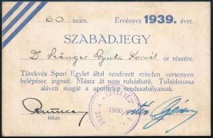 1939 Törekvés SE szabadjegy