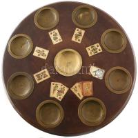 Antik szalon női kártyaasztal. Fa, bronz, ráragasztott kártyalapokkal. Kopással, d: 42 cm, m: 70 cm,...